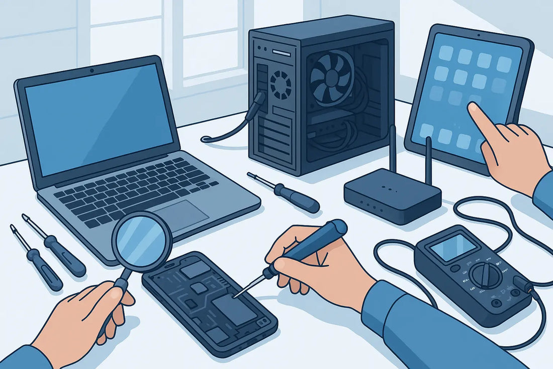 Dispositivi elettronici e attrezzi per la riparazione su un tavolo di lavoro ben organizzato