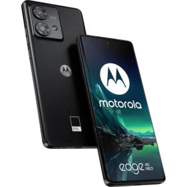 Smartphone Motorola Edge 40 Neo nero vista frontale e posteriore con doppia fotocamera e display curvo