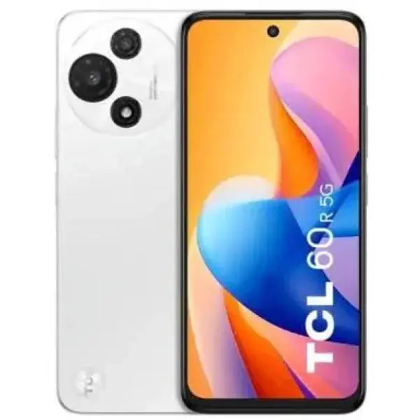 Smartphone TCL 60 R 5G in bianco con fotocamera a triplo obiettivo e display vivace
