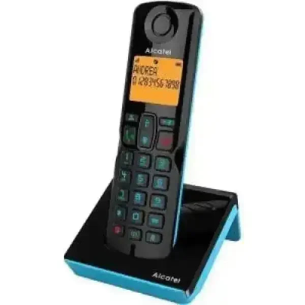 Alcatel telefono cordless nero con base blu display retroilluminato arancione e tastiera numerica