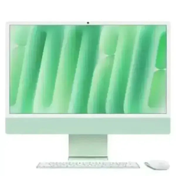 Notebook Apple iMac verde con display ampio, tastiera bianca e mouse wireless
