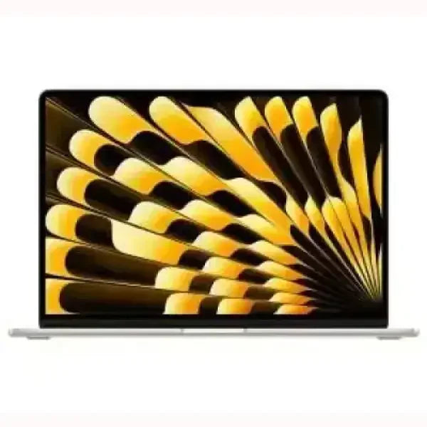 MacBook Air Apple notebook sottile in argento visto frontalmente con schermo aperto e sfondo giallo astratto