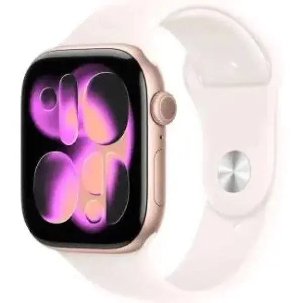 Apple Watch con cassa dorata e cinturino bianco, display elegante e grafica colorata