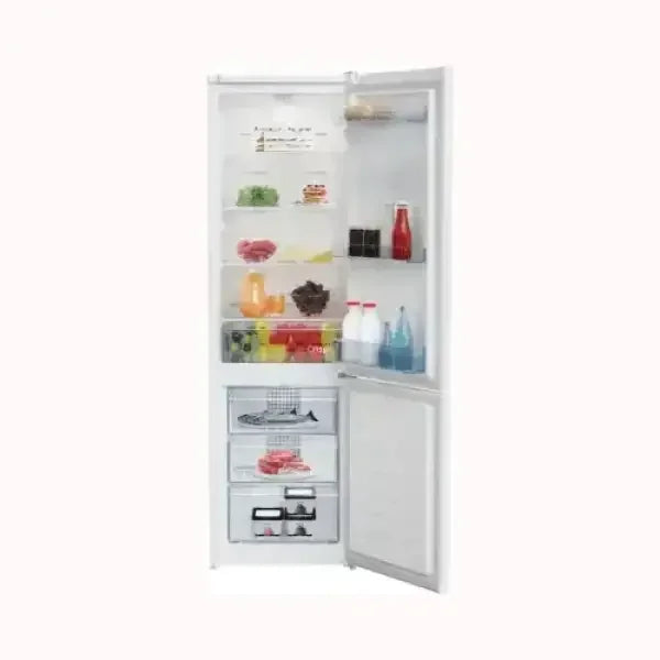 Beko Frigo Combinato bianco con ripiani trasparenti e congelatore aperto carico di alimenti