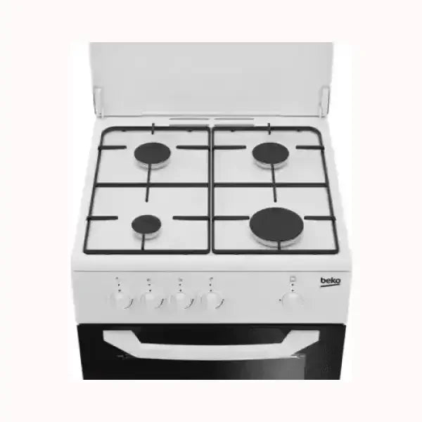 Cucina a gas BEKO bianca con quattro fornelli e manopole di controllo frontali