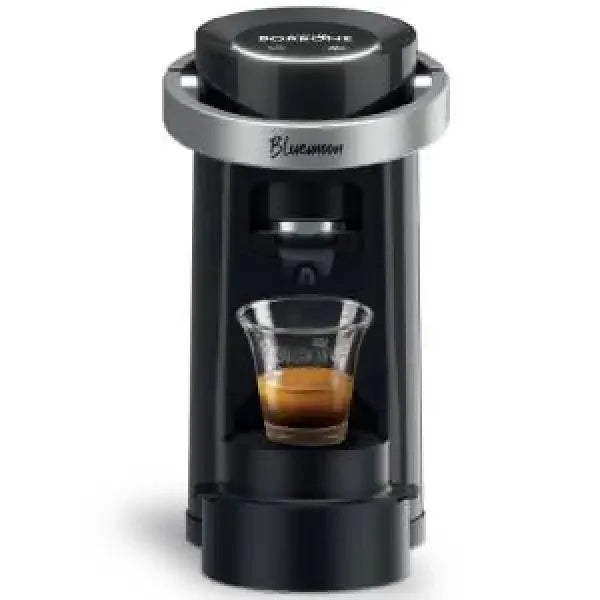 Macchina da caffè Borbone nera con tazzina di espresso e design compatto