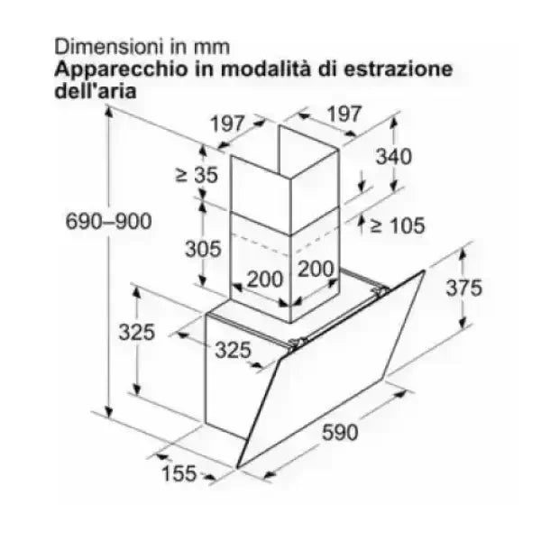 Disegno tecnico con dimensioni in millimetri di una cappa BOSCH per la cucina in modalità di estrazione dell'aria