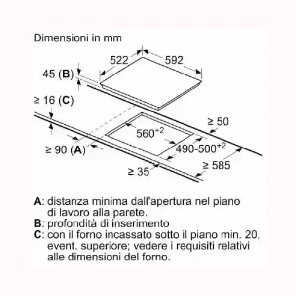 Schema tecnico con dimensioni in millimetri per piani cottura BOSCH con specifiche di inserimento e distanza minima
