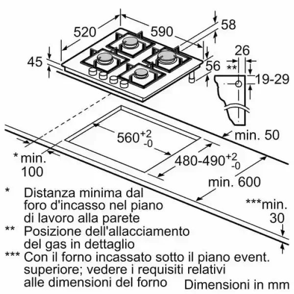 Disegno tecnico con misure dettagliate di un piano cottura Bosch a quattro fuochi per installazione
