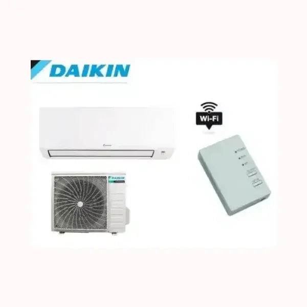 Condizionatore Daikin con unità interna, esterna e telecomando con connettività Wi-Fi