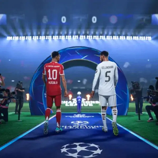 Giocatori in campo per EA Sports FC 26 con logo Champions League sullo sfondo