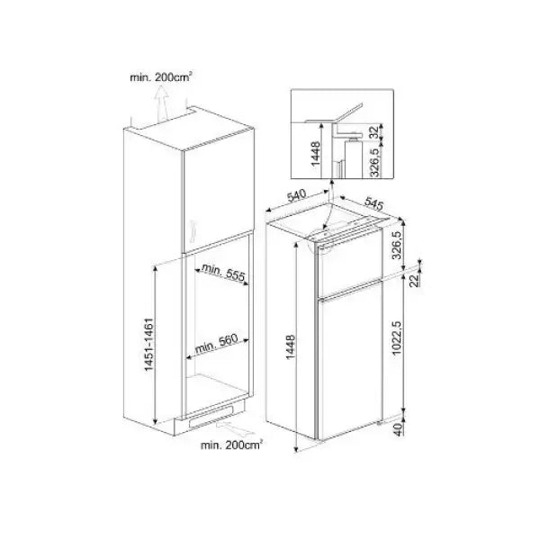 Schema tecnico frigorifero da incasso Smeg con misure dettagliate in altezza, larghezza e profondità