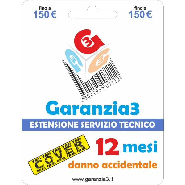 Estensione garanzia Garanzia3 copertura danno accidentale 12 mesi servizio tecnico fino a 150 euro