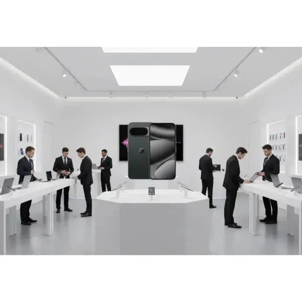 Google Pixel 10 Pro smartphone esposto in un negozio moderno con clienti e venditori al lavoro