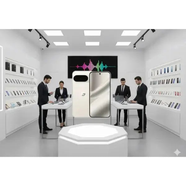 Smartphone Google Pixel 10 Pro in un negozio di elettronica con espositori e clienti