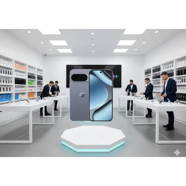Google Pixel 10 Pro smartphone esposto in negozio con dettagli moderni e clienti interessati
