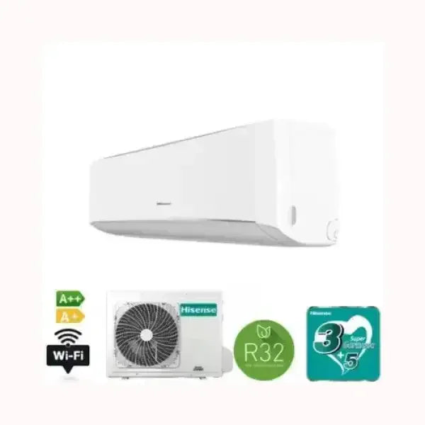 Condizionatore HISENSE split bianco con unità esterna e tecnologia R32 ad alta efficienza energetica