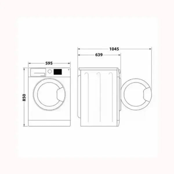 Schema tecnico lavasciuga HOTPOINT con misure dettagliate altezza 850 mm larghezza 595 mm profondità 1045 mm