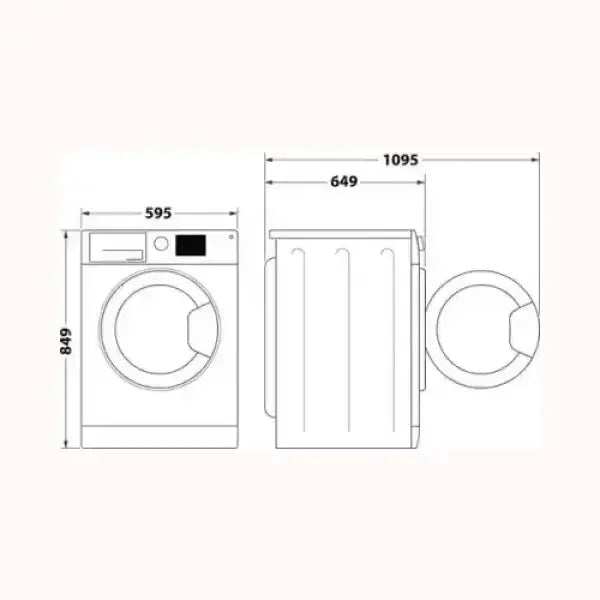 Schema tecnico lavatrice INDESIT con dimensioni altezza 849 mm larghezza 595 mm profondità 649 mm porta aperta