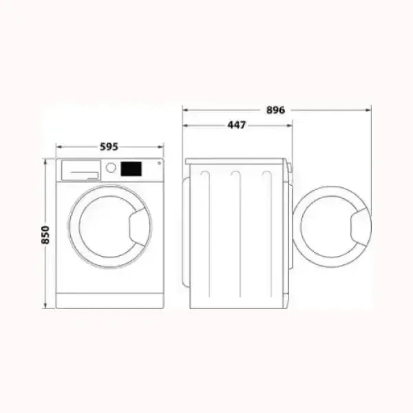 Schema tecnico lavatrice INDESIT con misure altezza 850 mm larghezza 595 mm profondità 447 mm