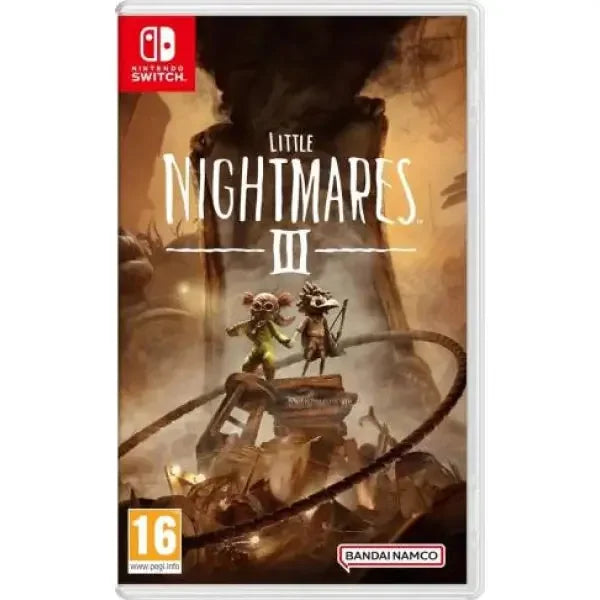 Copertina del gioco Little Nightmares 3 per Nintendo Switch, con personaggi inquietanti in un ambiente oscuro