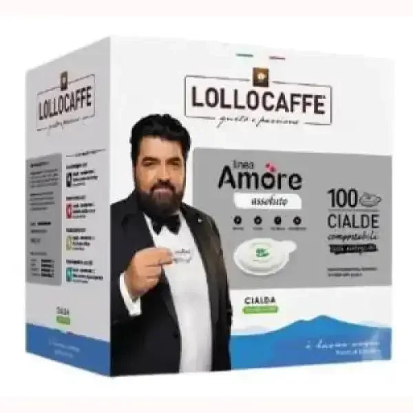 Confezione di 100 cialde di caffè Lollocaff linea Amore assoluto con uomo in abito elegante