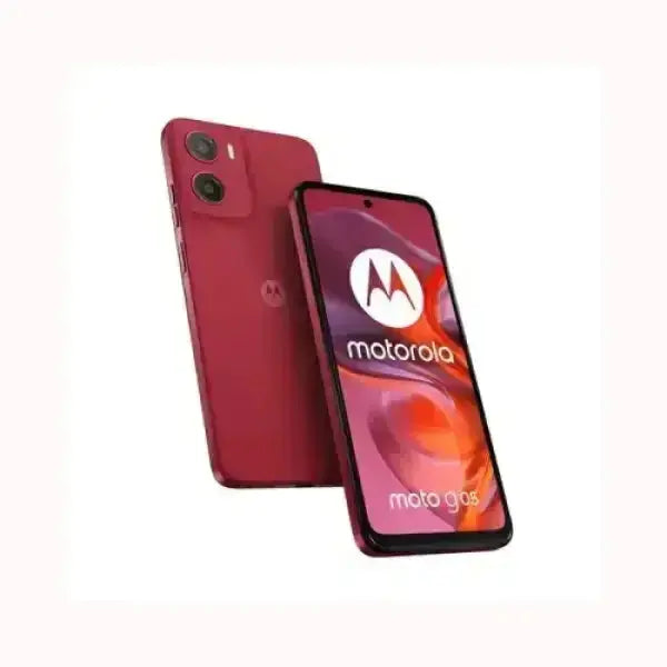 Smartphone Motorola Moto G05 rosso con doppia fotocamera posteriore e display ampio