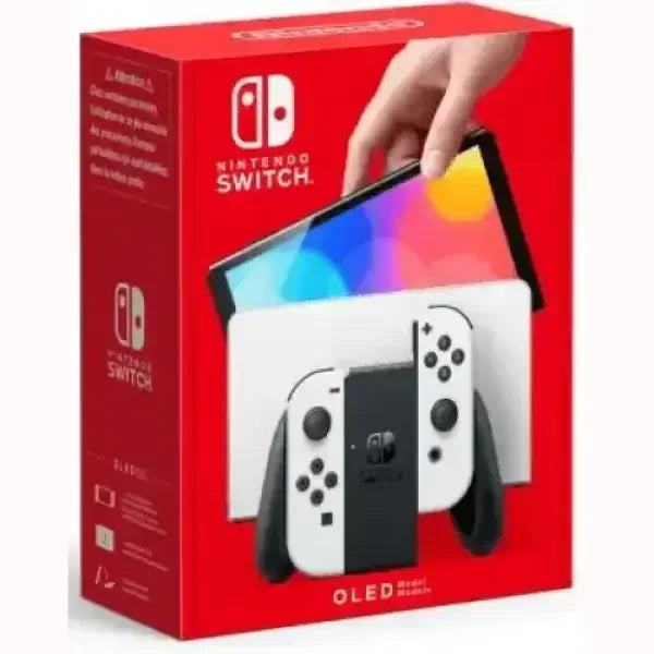 Confezione Nintendo Switch OLED bianca con console e controller in primo piano