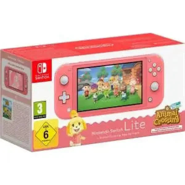 Console Nintendo Switch Lite rosa con gioco di Animal Crossing in mostra sullo schermo