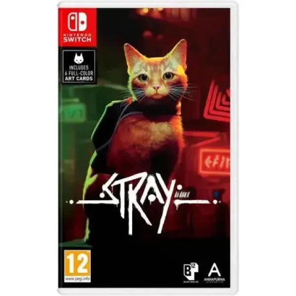 Gioco Nintendo Switch Stray EU con copertina artistica e gatti in una città futuristica