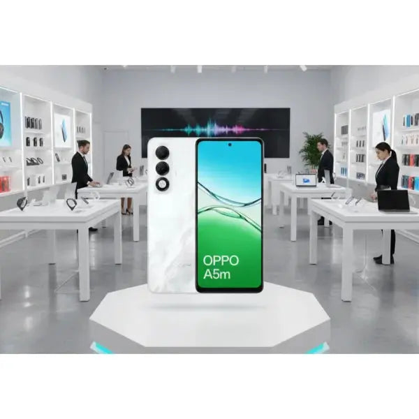 Smartphone OPPO A5m con design elegante e display a tutto schermo in un negozio moderno
