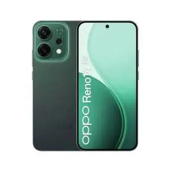 Smartphone OPPO Reno 14 in verde con schermo piatto e fotocamera duale posteriore
