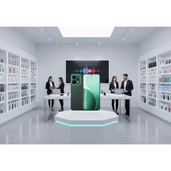 Smartphone OPPO Reno 14 in verde con design elegante esposto in un negozio di tecnologia moderno