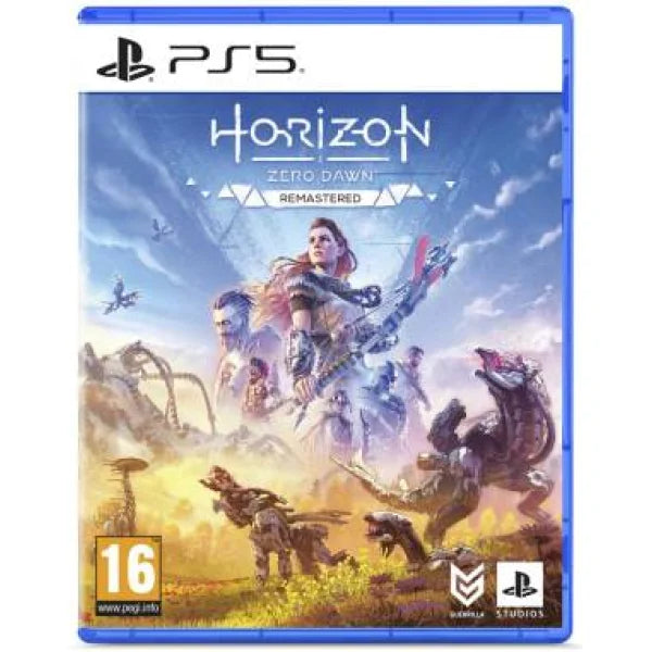 Copertina gioco Horizon Zero Dawn Remastered per PS5 con personaggi e creature robotiche