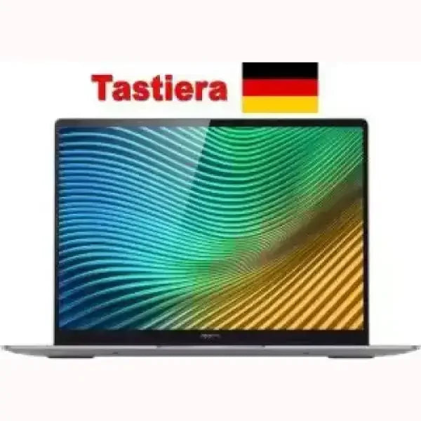 Notebook Realme con tastiera tedesca e display ampio con sfondo colorato a onde