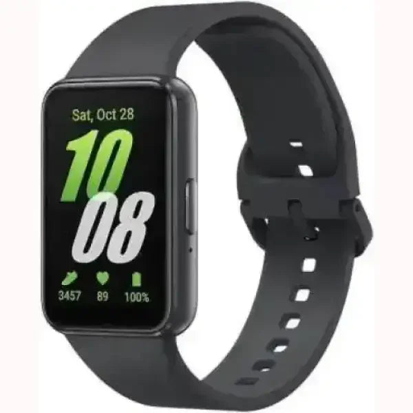Smartwatch Samsung Galaxy Fit3 con schermo rettangolare e cinturino nero per fitness e notifiche