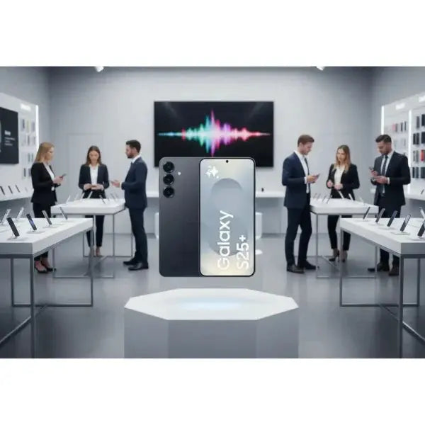 Smartphone Samsung SM-S936 esposto in una moderna sala mostra con professionisti al lavoro