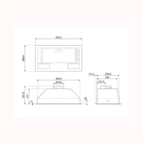 Disegno tecnico con misure dettagliate della cappa SMEG per cucine