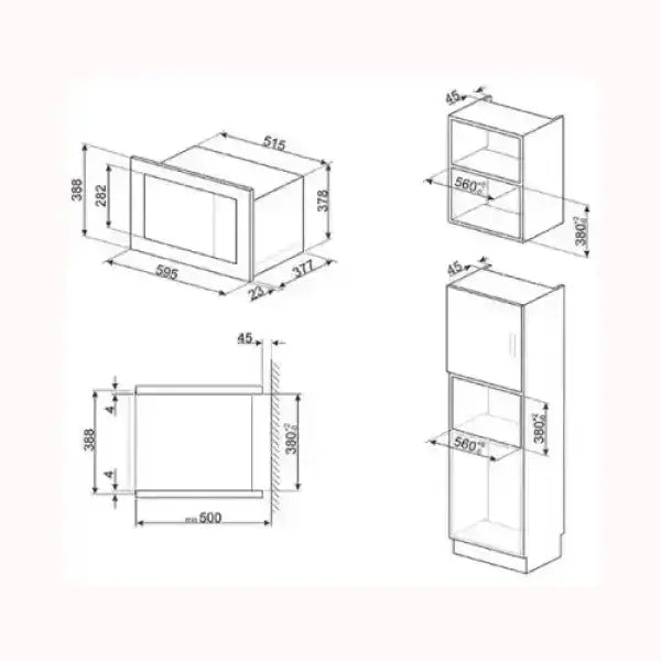 Disegno tecnico forno incasso SMEG con misure dettagliate per montaggio in cucina