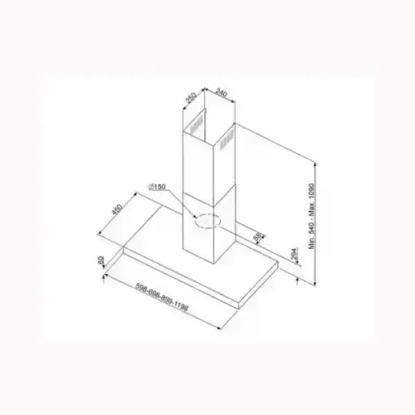 Disegno tecnico con misure dettagliate di una cappa da cucina SMEG moderna e rettangolare
