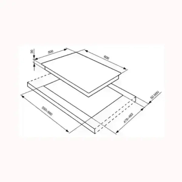 Schema tecnico con misure per installazione piano cottura SMEG da 60 cm