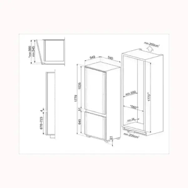 Schema tecnico frigorifero da incasso SMEG con misure dettagliate e spazio interno
