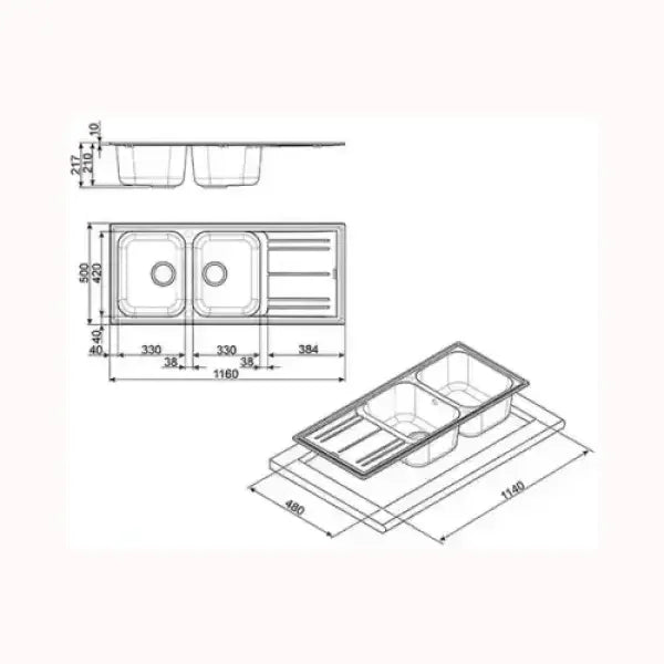 Disegno tecnico con misure dettagliate di SMEG LAVELLO doppia vasca con scolapiatti