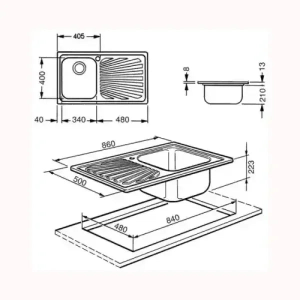 Disegno tecnico lavello SMEG in acciaio con vasca e scolapiatti misure dettagliate