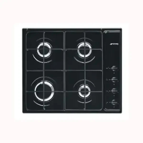 Piano cottura a gas SMEG nero con quattro fuochi e manopole laterali per controllo facile