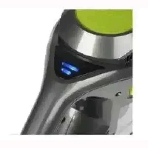 Dettaglio aspirapolvere TRISTAR con indicatori luminosi blu e design moderno grigio e verde