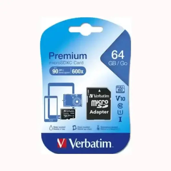Scheda micro SD VERBATIM da 64 GB con adattatore e velocità di lettura fino a 90 MB/s per dispositivi digitali