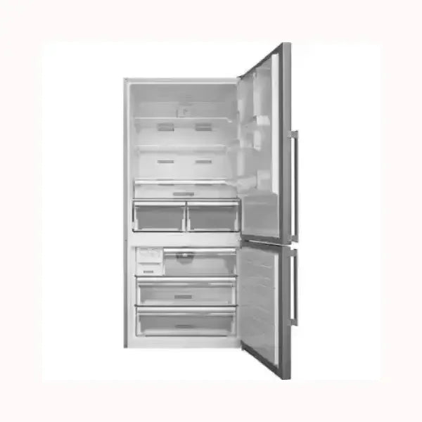Frigorifero Whirlpool con porte aperte, scomparti spaziosi e design moderno in acciaio inox