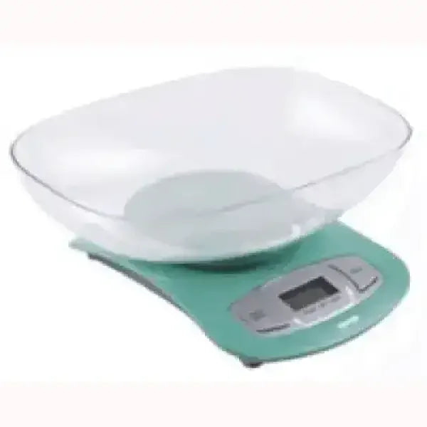 Pesa alimenti ZEPHIR digitale con display LCD e ciotola trasparente verde e bianco