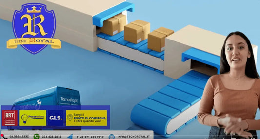 Donna che spiega il servizio clienti spedizioni con scatole sulla linea di imballaggio e camion di consegna Tecnoroyal